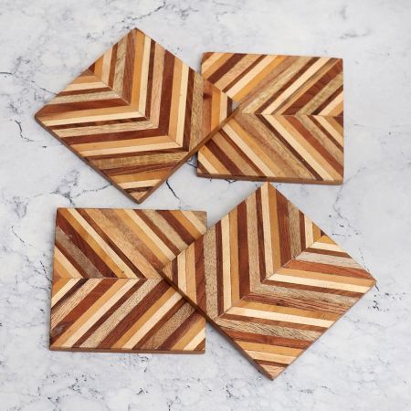 Antique Brown Wooden Coasters for Decor - Pack of 4